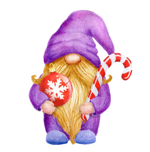 圣诞小妖精与条纹糖果手杖和圣诞球 水彩画可爱的小妖精戴着滑稽的帽子迎接新年贺卡或邀请函 — 图库照片