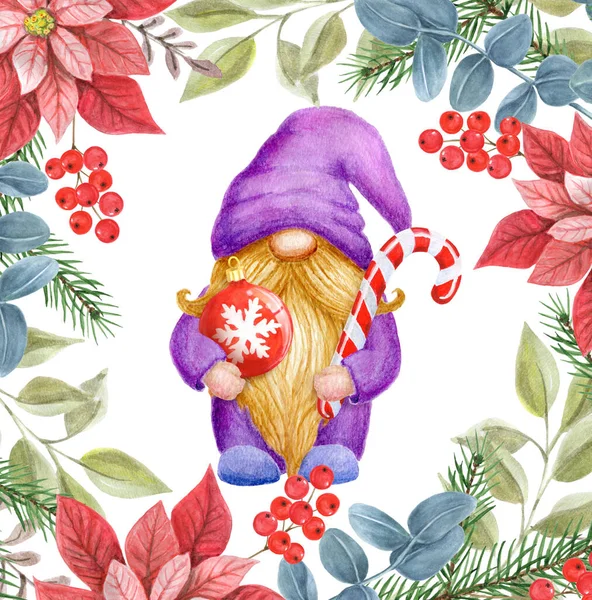 縞模様のキャンディー杖とクリスマスボールを持つGnomeとクリスマスポインセチアフレーム 新年の挨拶カードや招待状のための面白い帽子の水彩かわいいノーム — ストック写真
