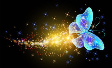 Fantastik şeffaf kelebek ve gece karanlığında parlayan yıldızlı şeffaf dalgalar.