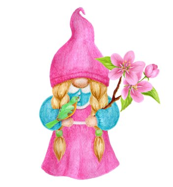Gnome with spring flowers and bird. Watercolor drawing. Garden girl gnome clipart isolated on white background.