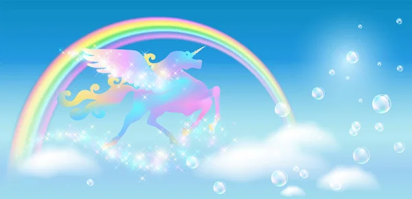 Galloping Iridescent Unicorn Pegasus Dan Pelangi Langit Biru Dengan Latar - Stok Vektor