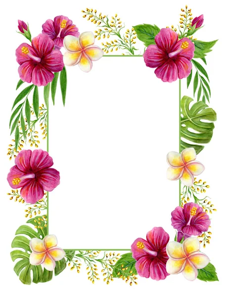 Tropischer Rahmen Handgezeichnete Aquarellmalerei Mit Rosa Chinesischen Hibiskusblüten Und Palmenblättern — Stockfoto