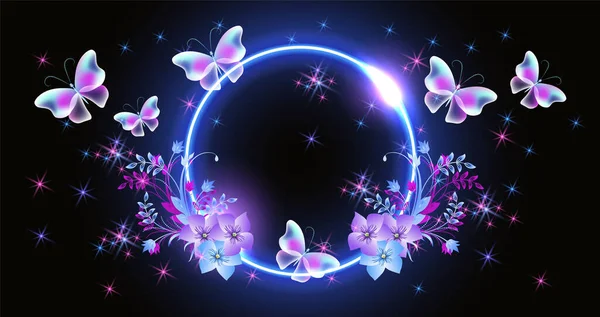 光彩夺目的童话般的霓虹灯笼罩着神奇而透明的蝴蝶和花朵 抽象奇异的蓝色背景 — 图库矢量图片