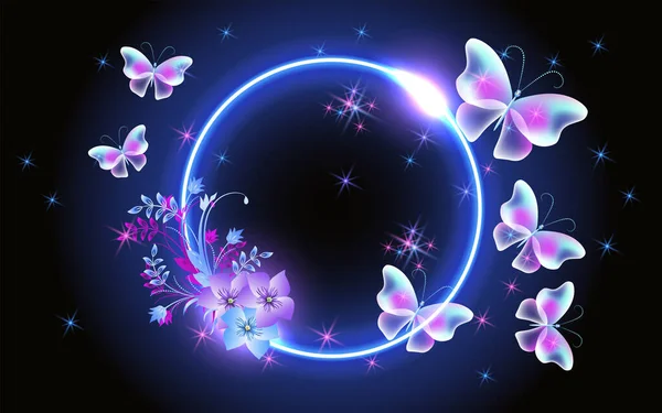 Glowing Fairytale Neon Frame Magical Transparent Butterflies Flowers Abstract Fantastic —  Vetores de Stock