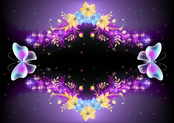 Yıldızlı Gece Gökyüzünün Arka Planında Sihirli Şeffaf Kelebekler Çiçeklerle Parıldayan — Stok Vektör