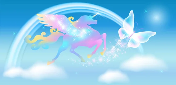 Galloping Iridescent Unicorn Pegasus Dan Pelangi Langit Biru Dengan Latar - Stok Vektor