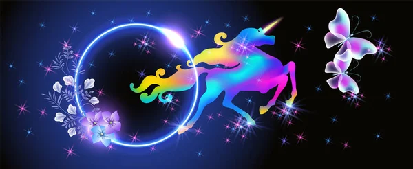 Unicorno Portale Neon Con Magiche Deliziose Farfalle Fiori Sullo Sfondo — Vettoriale Stock