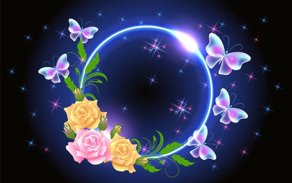光彩夺目的童话般的霓虹灯笼罩着迷人而透明的蝴蝶和玫瑰花朵 抽象奇异的蓝色背景 — 图库矢量图片