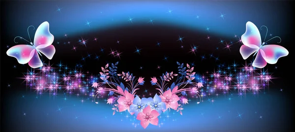 Yıldızlı Gece Gökyüzünün Arka Planında Sihirli Şeffaf Kelebekler Çiçeklerle Parıldayan — Stok Vektör
