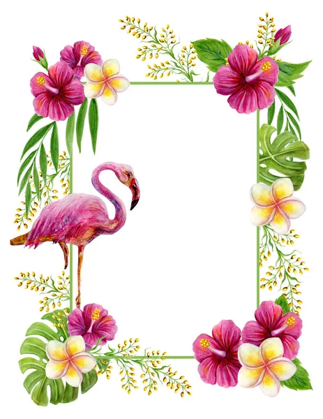 Tropikalna Rama Różowym Flamingiem Kwiatami Ręcznie Rysowane Malarstwo Akwarelowe Różowym — Zdjęcie stockowe