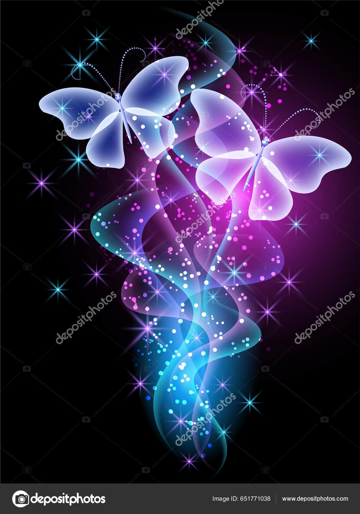 Glødende Eventyrbølge Røyk Med Magiske Gjennomsiktige Sommerfugler  Bakgrunnen Den Stjerneblå stockvektor © Marisha #651771038, image size:1190x1700