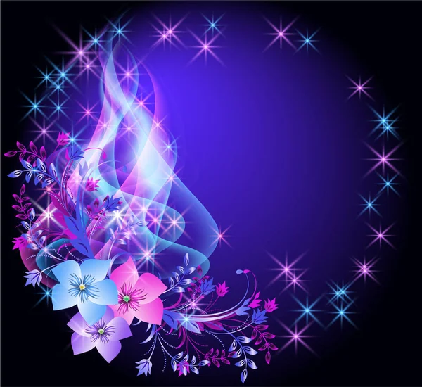 幻想的な花 輝くおとぎ話の星と波状の煙とラウンドフレーム 要旨幻想的な青の背景 — ストックベクタ