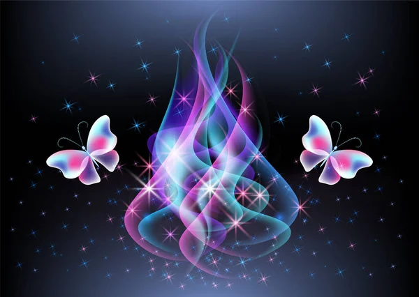 Glühender Märchenhafter Wellenrauch Mit Magischen Transparenten Schmetterlingen Vor Dem Hintergrund — Stockvektor