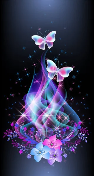 Fumée Conte Fées Lumineuse Avec Des Papillons Transparents Magiques Sur — Image vectorielle