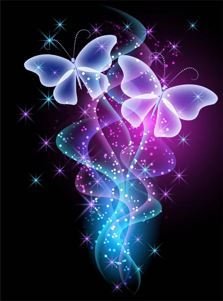 Ragyogó Tündérmese Füst Varázslatos Átlátszó Pillangókkal Csillagos Éjszakai Égbolt Hátterében — Stock Vector