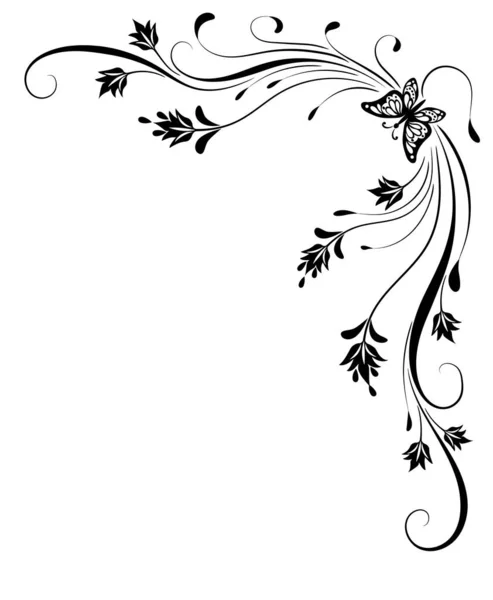 白い背景に隔離された蝶と装飾的な花のコーナーの装飾 — ストックベクタ