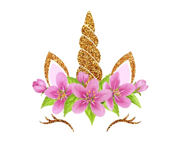 Fabulous Cute Unicorn Golden Gilded Horn Spring Flowers Wreath Isolated — Stock Photo, Image