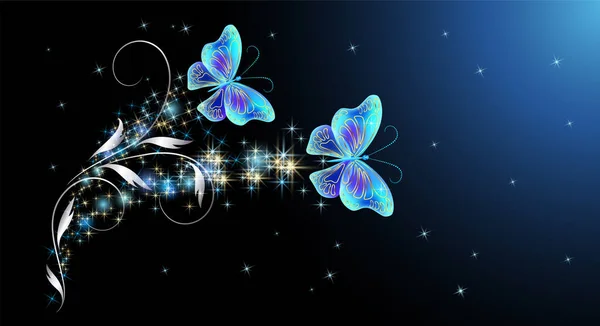 美丽的夜空 有着迷人的蓝色透明蝴蝶 花朵装饰和星星 幻想闪耀背景 — 图库矢量图片