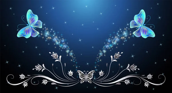 Sihirli Mavi Şeffaf Kelebeklerle Çiçekli Süslemelerle Yıldızlarla Dolu Bir Gece — Stok Vektör
