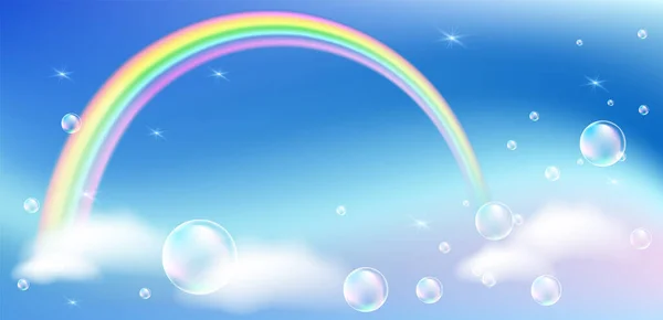 曇り空の虹と輝く星とおとぎ話の虹色の空の風景 プリンセスとユニコーンのための魔法の背景 — ストックベクタ