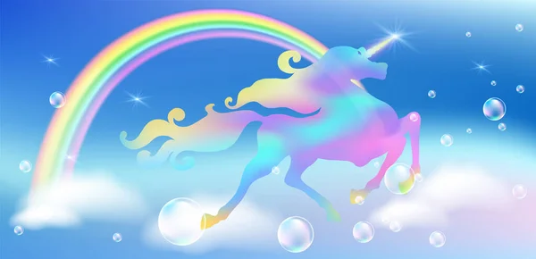 Единорог Роскошной Извилистой Гривой Летающими Пузырями Фоне Фантастической Вселенной Сверкающими — стоковый вектор