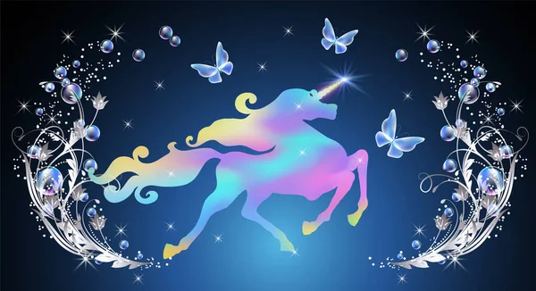 Muhteşem Tek Boynuzlu Atların Sihirli Kelebeklerin Fantezi Baloncukların Çiçeklerin Süslenip — Stok Vektör