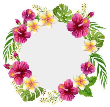 Tropik yuvarlak çerçeve. Elle çizilmiş suluboya resim pembe Çin Hibiscus gül çiçekleri ve beyaz arka planda izole edilmiş palmiye yaprakları. Çiçekli yaz sınırı.