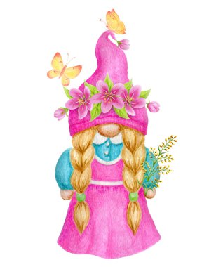 Bahar zamanı pembe çiçekli ve sarı kelebekli cüce kız. Suluboya çizim. Beyaz arkaplan üzerinde izole bahçe cücesi Clipart.