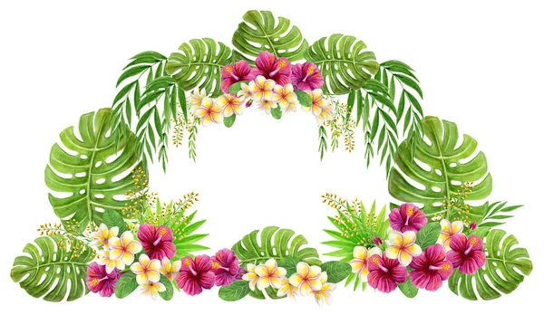 Tropischer Floraler Rahmen Handgezeichnete Aquarellmalerei Mit Rosa Chinesischen Hibiskusblüten Und — Stockfoto