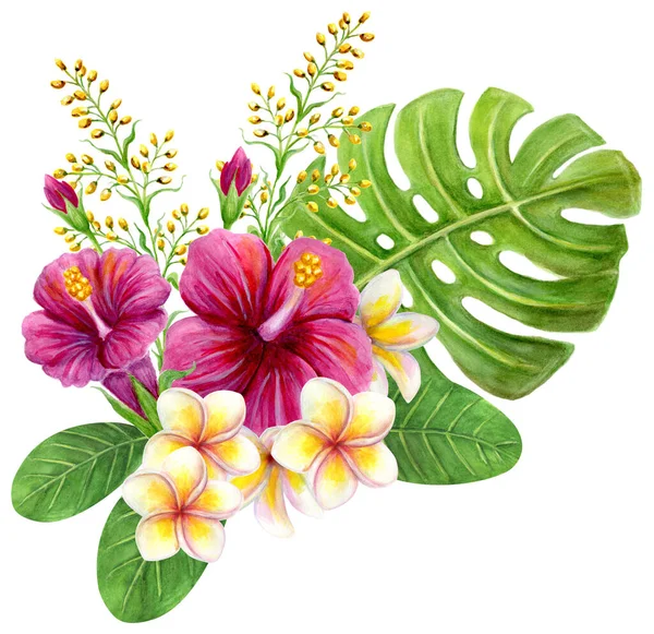 Buquê Tropical Mão Desenhada Aquarela Pintura Com Rosa Chinês Hibisco — Fotografia de Stock