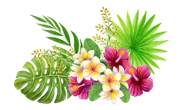 热带花束 手绘水彩画与粉红色的中国芙蓉玫瑰花和棕榈叶隔离在白色背景 花卉夏季构图 — 图库照片