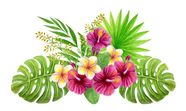 Bouquet Tropicale Pittura Acquerello Disegnato Mano Con Rosa Fiori Cinesi — Foto Stock