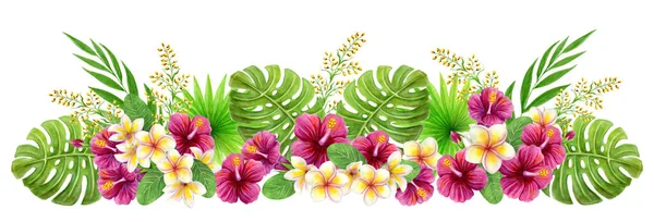アロハハワイの挨拶 中国のハイビスカスと手描きの水彩画は花 フランジパニとヤシの葉をバラ デザイン境界要素 — ストック写真