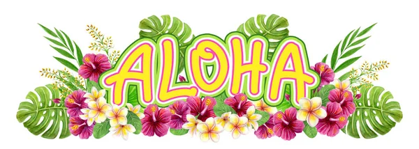 Tropikalne Kwiaty Aloha Hawaje Pozdrowienia Ręcznie Rysowane Malarstwo Akwarelowe Chińskimi — Zdjęcie stockowe
