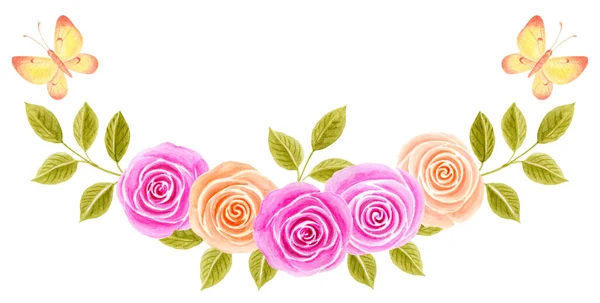 手绘水彩画 粉色和黄色玫瑰花束 白色背景下的蝴蝶飞舞 花环装饰 设计要素 — 图库照片