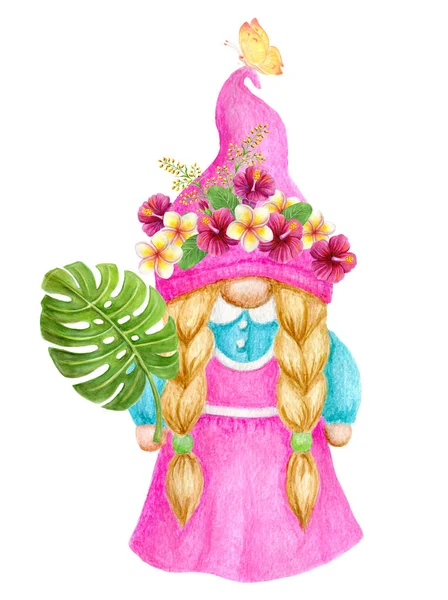 Gnome Girl Avec Des Fleurs Tropicales Été Papillon Feuille Palmier — Photo