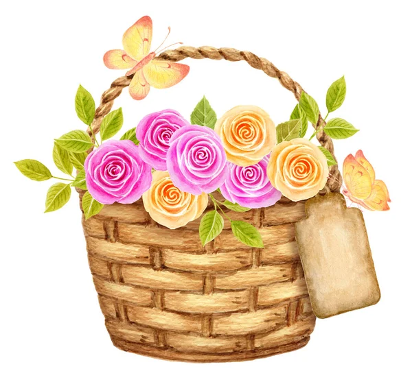 Троянди Квіти Кошику Вінтажним Порожнім Лейблом День Народження Або Подяка — стокове фото