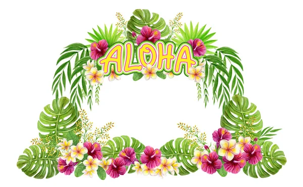 热带帧阿罗哈夏威夷问候 手绘水彩画 中国芙蓉玫瑰花 羊草和棕榈叶 — 图库照片#