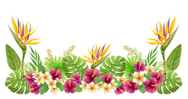 Met Hand Getekend Aquarel Schilderen Met Strelitzia Hibiscus Roos Bloemen — Stockfoto