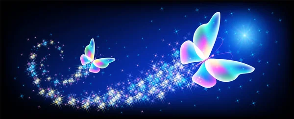 宇宙空間の輝く輝く星の間で夜空を飛ぶ輝きと燃える歩道を持つ魔法の蝶 動物保護の日のコンセプト — ストックベクタ