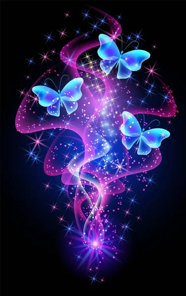 Fantastic Transparent Butterflies Magical Curving Transparent Waves Glowing Stars Night — Stock Vector