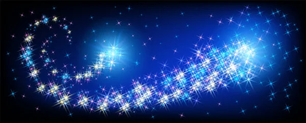 Fantezi Evreninde Işıldayan Sihirli Yıldızlar Arasında Kıvrımlı Kuyruklu Yıldızlarla Uçan — Stok Vektör