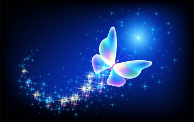 Magical butterfly with sparkle and blazing trail flying in night sky among shiny glowing stars in cosmic space. Animal protection day concept. clipart