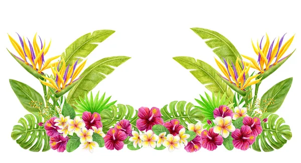 Handgezeichnete Aquarellmalerei Mit Strelitzien Hibiskusrosenblüten Frangipani Und Palmblättern Gestaltungsrahmen Aloha — Stockfoto
