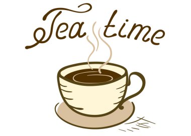 El yazısıyla ve el yazısıyla çizilmiş çay fincanı. Eskimiş bir sıcak içecek çaydanlığı. Düz tasarım.