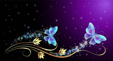 Sihirli mavi şeffaf kelebeklerle, altın çiçekli süslemelerle ve yıldızlarla dolu bir gece masalı. Fantezi pırıl pırıl mor arkaplan.