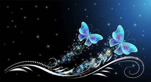 魔法の青い透明な蝶と花の装飾や星とおとぎ話の夜空 幻想的な輝きの背景 — ストックベクタ