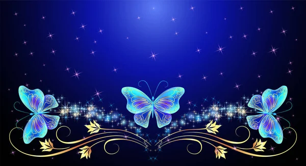 Baśniowe Nocne Niebo Magicznymi Niebieskimi Przezroczystymi Motylami Złotymi Kwiatowymi Ozdobami — Wektor stockowy