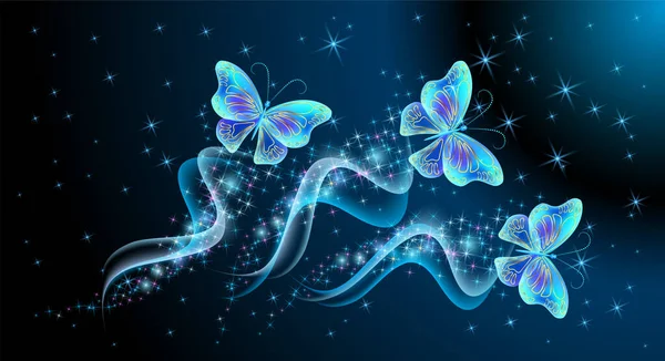 Märchenhafter Nachthimmel Mit Magischen Durchsichtigen Schmetterlingen Mit Glitzernden Spuren Und — Stockvektor