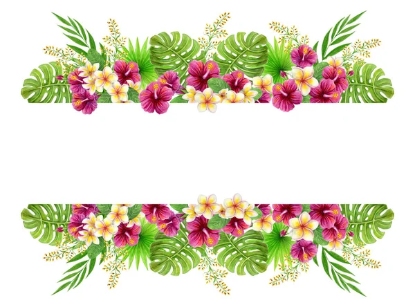 Tropikalna Rama Ręcznie Rysowany Akwarelowy Obramowanie Obramowanie Hibiskus Kwiat Palma — Zdjęcie stockowe